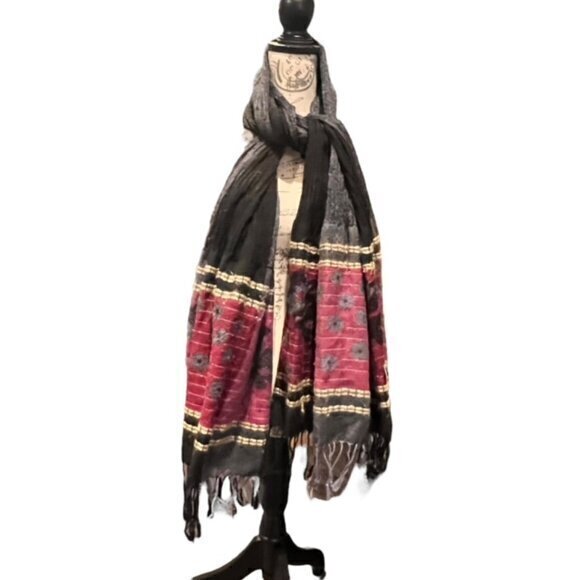 Red Pashmina Floral Scarf 26x73 Fringed Silk Blend Metallic Threads Cozy Stretch - Picture 1 of 10